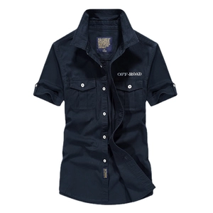 Men's navy cargo short sleeve cotton shirt with OFF-ROAD print and dual chest pockets