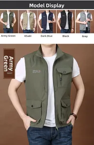 Detailed grid of outdoor multi-pocket vests in army green, khaki, navy, black and grey