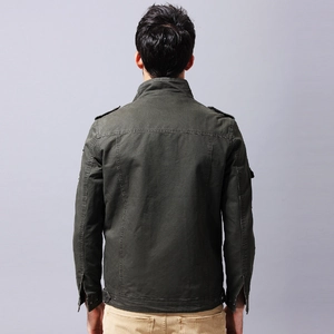 Men's military style cotton jacket in army green with epaulettes and slim fit back view