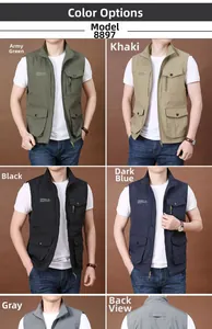 Detail view of multi-pocket utility vest in khaki, black, blue, grey and olive green colors