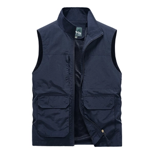 Men's dark blue multi-pocket outdoor fishing vest with stand collar and zipper