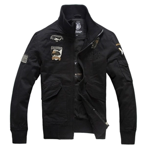 Men's black tactical flight jacket with military embroidery and classic cargo pockets