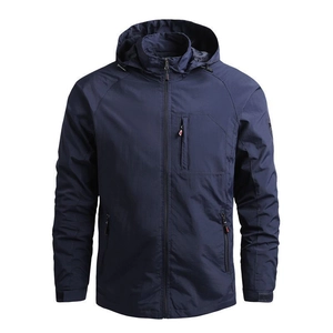 Men's navy blue windproof outdoor jacket with adjustable hood and zippered pockets