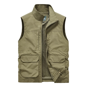 Men's olive green outdoor fishing vest with multi-pocket design and breathable mesh lining