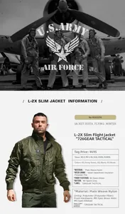Détail du blouson d'aviateur L-2B vert militaire avec fermeture éclair et ourlet côtelé