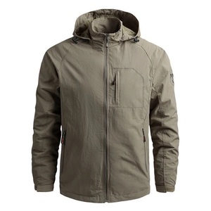 Men's lightweight olive green hooded jacket with waterproof fabric and zipper pockets