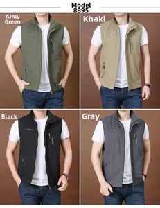 Detail view of multi-pocket vest showing army green, khaki, black and grey color options