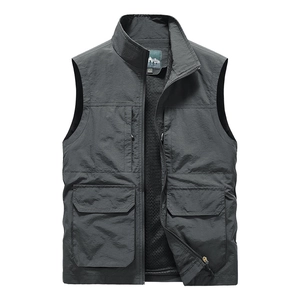 Outdoor multi-pocket quick-dry fishing vest with mesh lining and zipper pockets in dark grey
