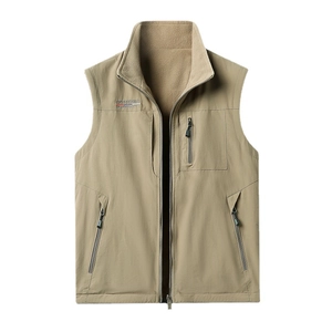 Gilet réversible kaki pour homme avec plusieurs poches et col montant en polaire chaude