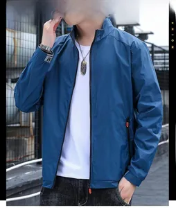 Detail of navy blue ice silk sun protection jacket with zip pockets and ribbed collar