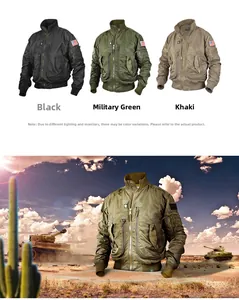 Détail du blouson aviateur en trois couleurs avec design tactique et patch drapeau US