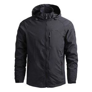 Men's outdoor windbreaker jacket in black with waterproof fabric and hooded design