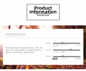 Size chart for men's cotton jacket showing M to 4XL dimensions and fabric features