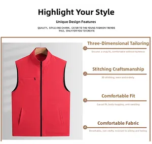 Detail of red stand-collar vest showing 3D tailoring, zipper pocket and premium stitching