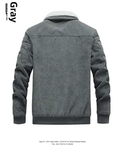 Rückansicht der grauen Cordjacke für Herren mit warmem Fleecekragen und Rippbündchen