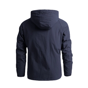 Rear view of a men's navy blue lightweight windproof jacket with ripstop fabric texture