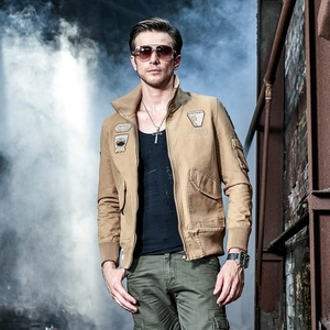 Men's khaki tactical military jacket with embroidered patches and stand-up collar