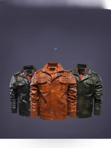 Three color options of men's PU leather biker jackets with US Army embroidery and rib cuffs