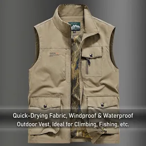 Men's khaki multi-pocket outdoor vest featuring breathable mesh lining and waterproof fabric