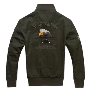 Men's dark green military bomber jacket with eagle and helicopter back embroidery