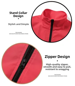 Detail view of the stand-up collar and smooth zipper on this red outdoor casual vest