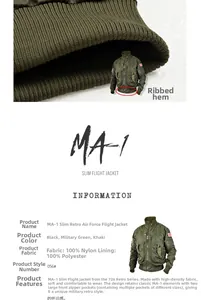 Détail du blouson aviateur MA-1 avec poignets côtelés et poches militaires pratiques