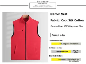 Detail of red polyester vest showing standing collar, zipper pocket and fabric texture