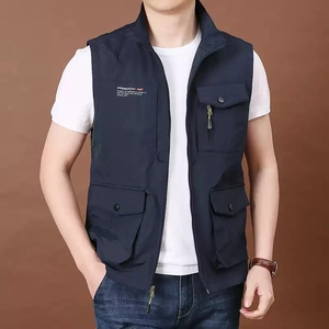 Men's navy multi-pocket outdoor cargo vest with stand collar and zipper closure