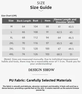 Detailed size chart for men's PU racing jacket including chest and sleeve measurements