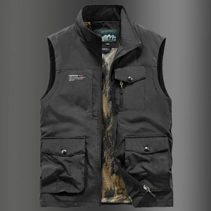 Men's summer outdoor multi-pocket fishing vest in black with a stand collar and mesh lining