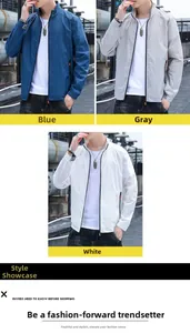 Detail view of lightweight sun protection jackets in blue, grey, and white with contrast trim