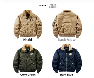 Detailed views of winter flight jackets in khaki, navy, and army green with fur collars