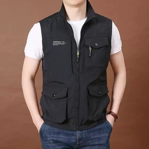 Men's black outdoor utility vest with multi-pockets and stand collar for spring