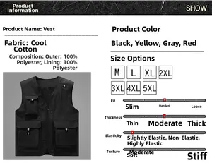Detail view of multi-pocket cargo vest specifications and premium polyester fabric features