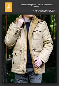 Detail of khaki outdoor jacket showing the detachable fleece lining for winter warmth