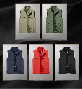 Detail view of cargo vest colors and breathable mesh lining with multiple zipper pockets