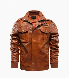 Detailed close-up of brown PU leather motorcycle jacket with U.S. Army vintage patches