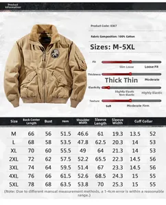 Detailed size chart for men's winter bomber jacket showing length bust and sleeve measurements