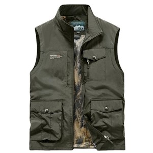 Men's outdoor multi-pocket fishing vest in dark green with mesh lining and utility pockets