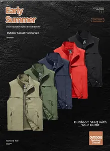 Outdoor utility vests in five colors displayed on dark stone background with many pockets