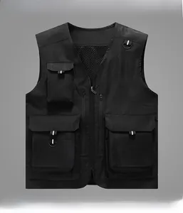 Front view detail of a black multi-pocket utility vest with V-neck and zipper
