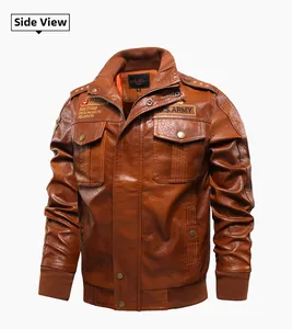 Detail of tan PU leather motorcycle jacket featuring US Army embroidery and ribbed cuffs