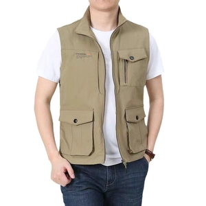 Men's khaki utility fishing vest with multi-pocket design and standing collar style