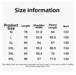 Detailed size chart for men jacket from M to 4XL showing chest and shoulder measurements