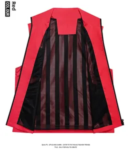 Detail of red outdoor vest showing black breathable mesh lining and stand collar