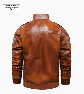 Rear view of khaki PU leather bomber jacket with ribbed cuffs and shoulder epaulettes