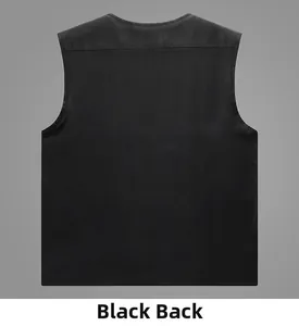 Rear view of black multi-pocket utility vest in smooth woven fabric for men