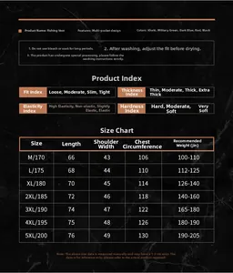 Detailed size chart for multi-pocket outdoor fishing vest showing dimensions and fit guide