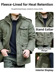 Detail of warm military green jacket with fleece lining and multiple utility pockets