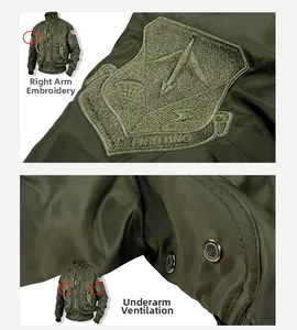 Détail du blouson aviateur vert armée avec écusson brodé et œillets d'aération en métal